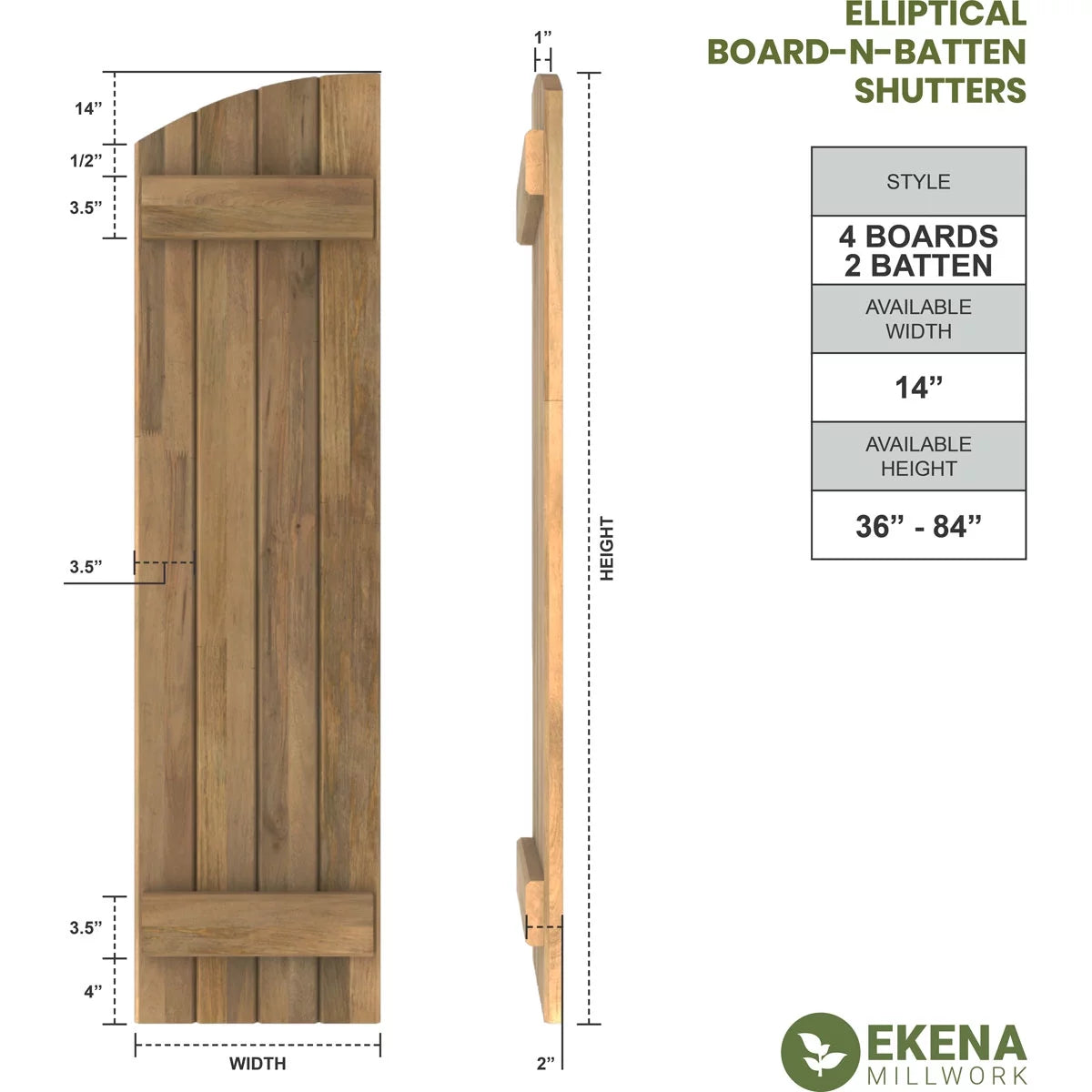 14"W x 58"H Real Wood Board-n-Batten Shutters with Elliptical Top, Starless Night Blue P919855