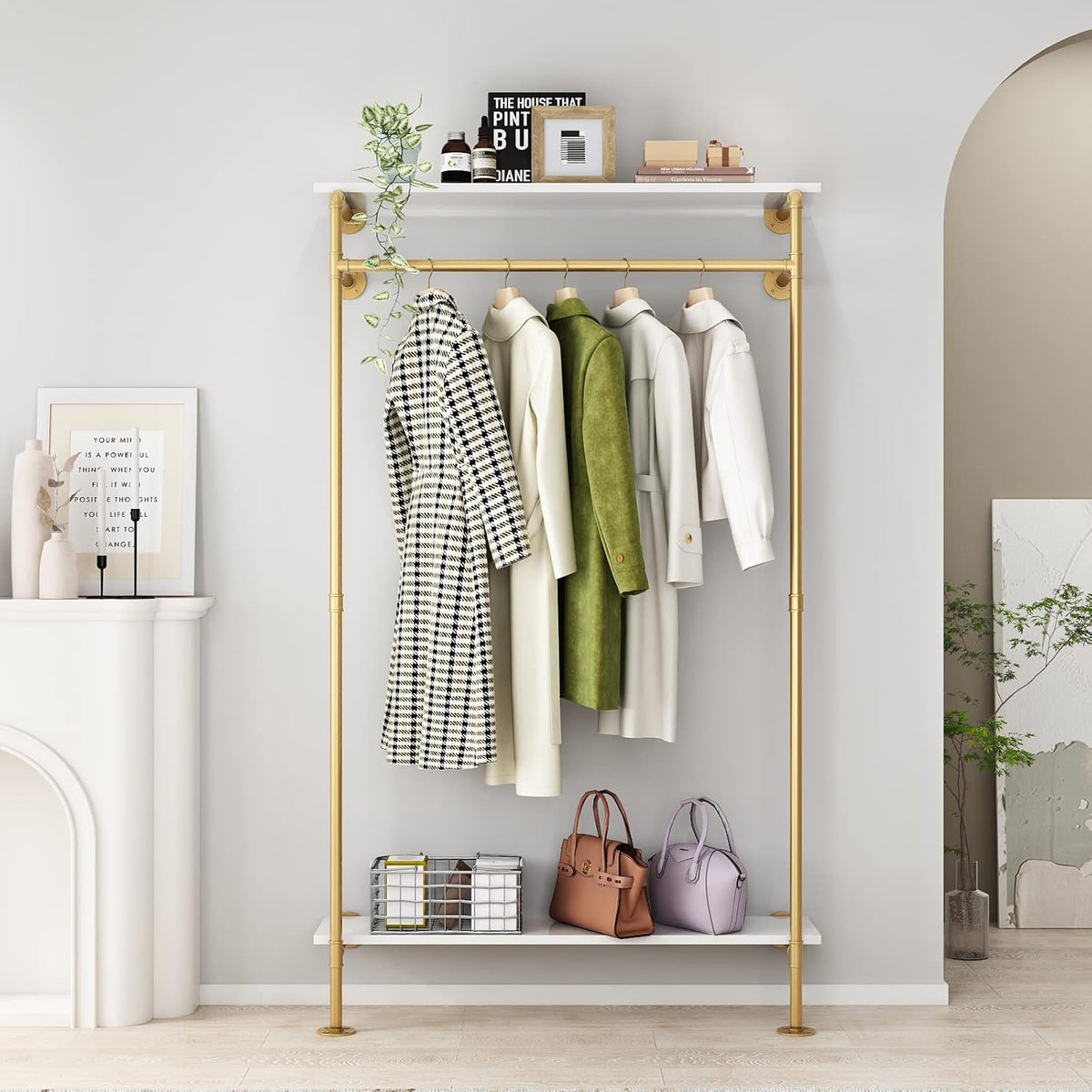 Industrial Pipe Clothing Rack with 2-tier Wooden Shelves Gold E38762
