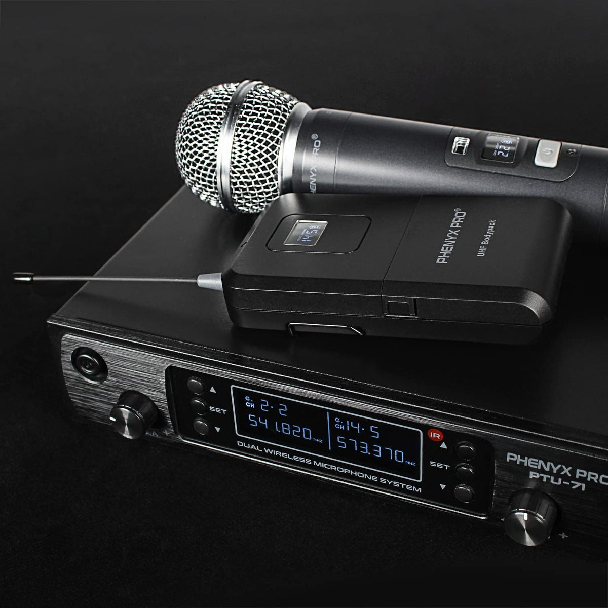 Dual Channel Wireless Microphone System with Handheld, Bodypack, Headset, Lapel Y2129
