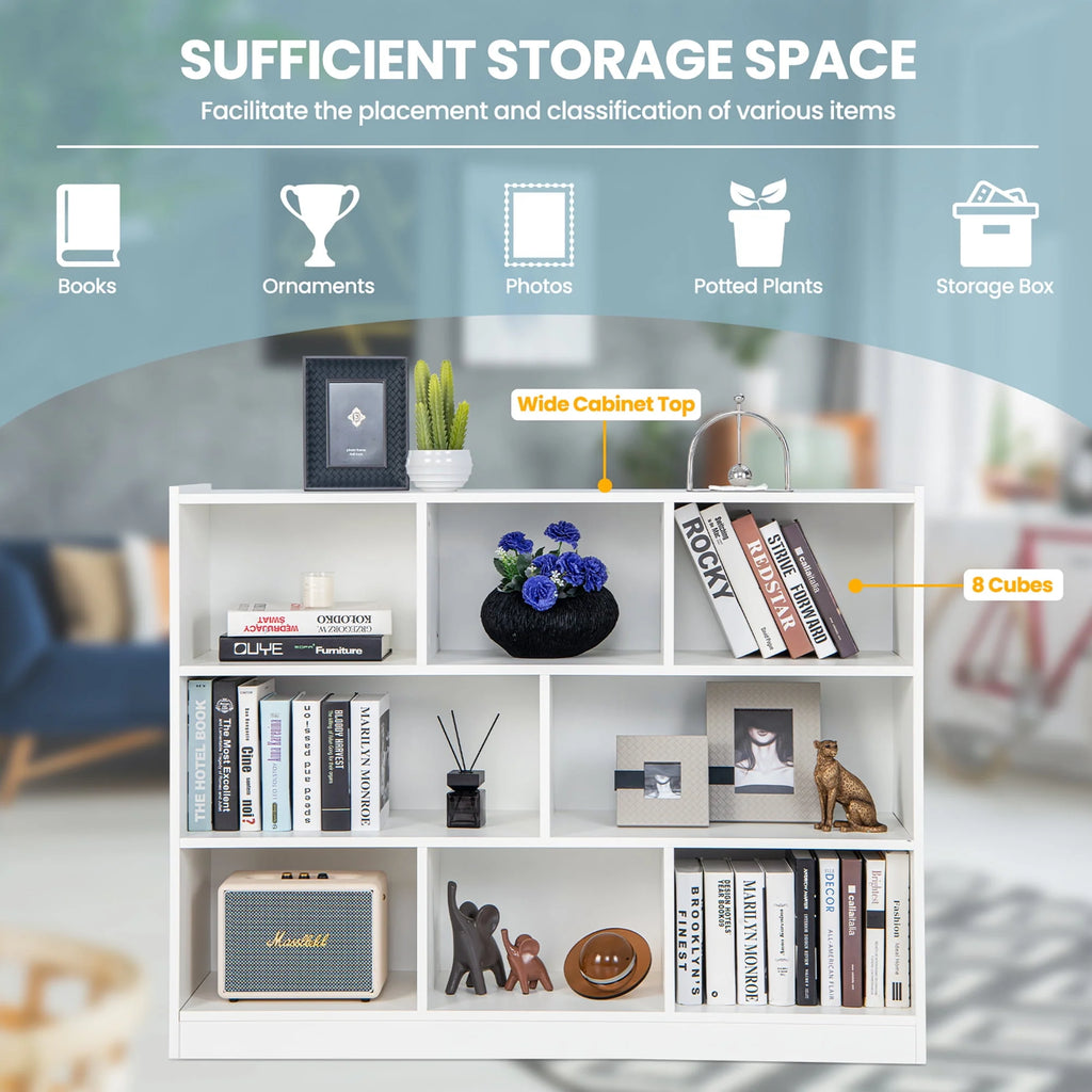 White 3-tier 8-Cube Floor Standing Storage Bookcase L185