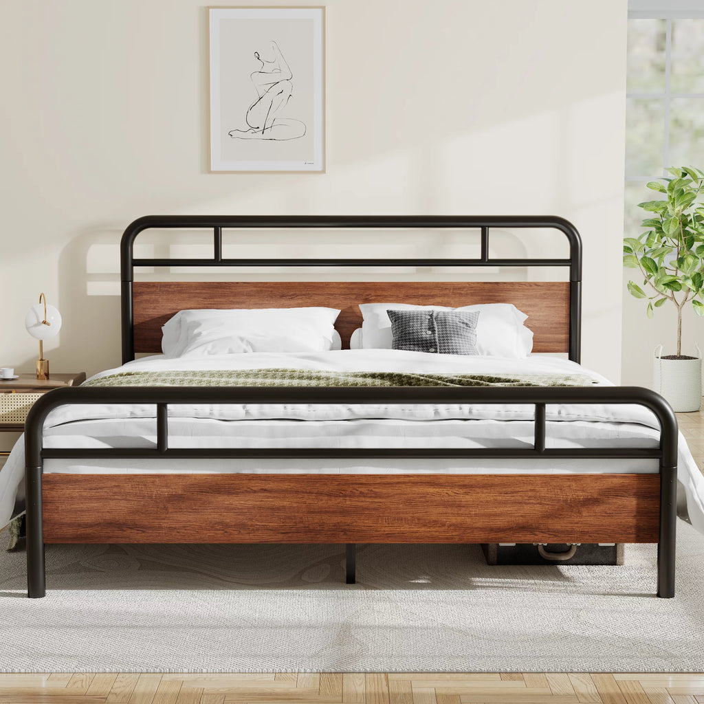 Light Brown King Size Metal Platform Bed Frame with Headboard N7065
