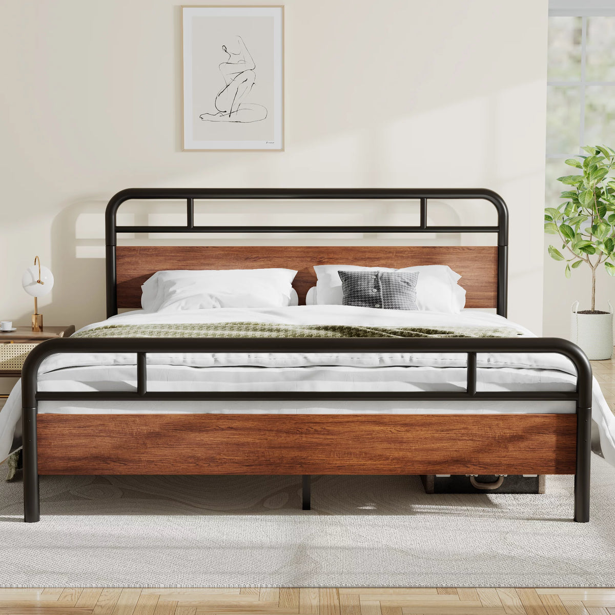 Light Brown King Size Metal Platform Bed Frame with Headboard N7065