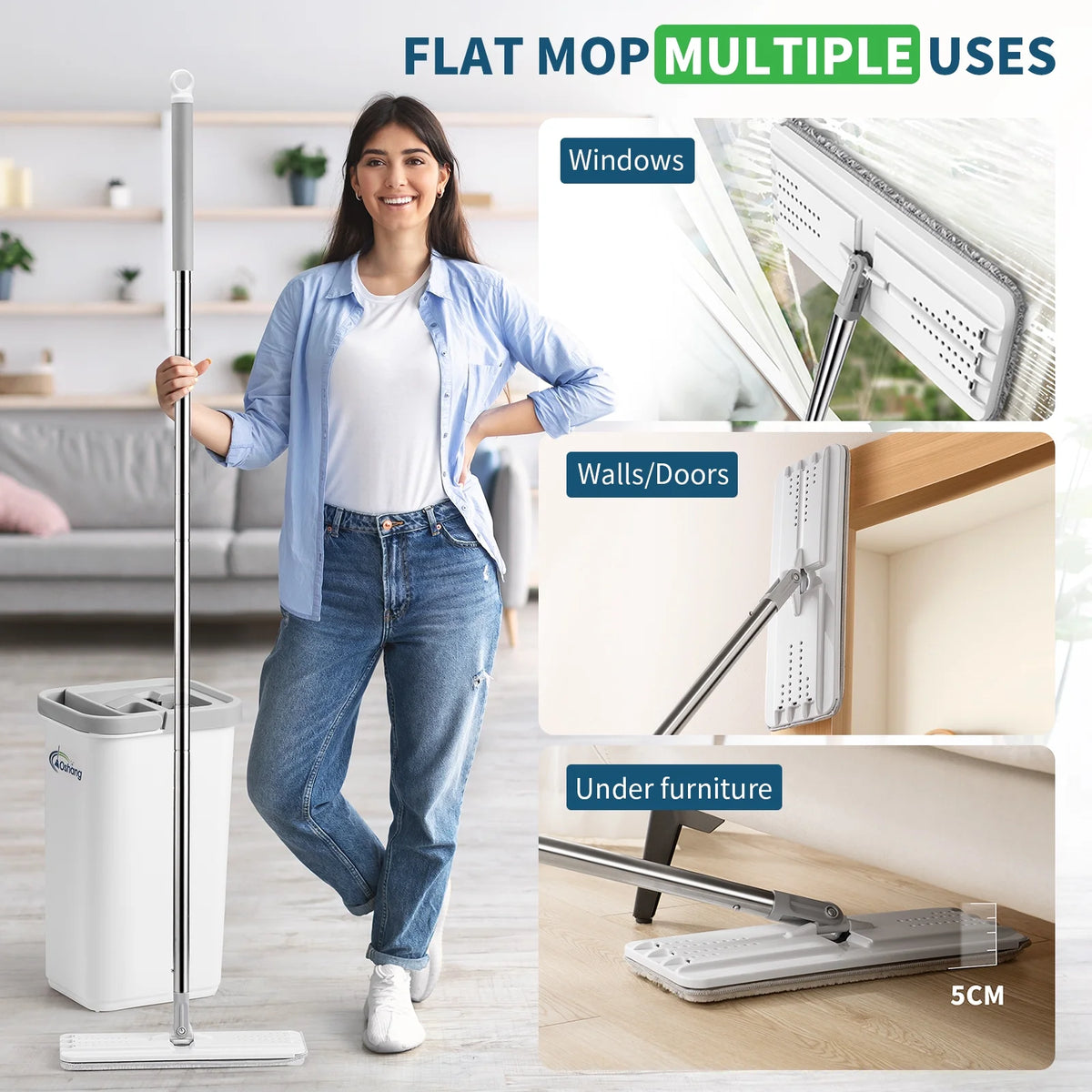 Flat Floor Mop and Bucket Set with 2 Washable Microfiber Pads A250