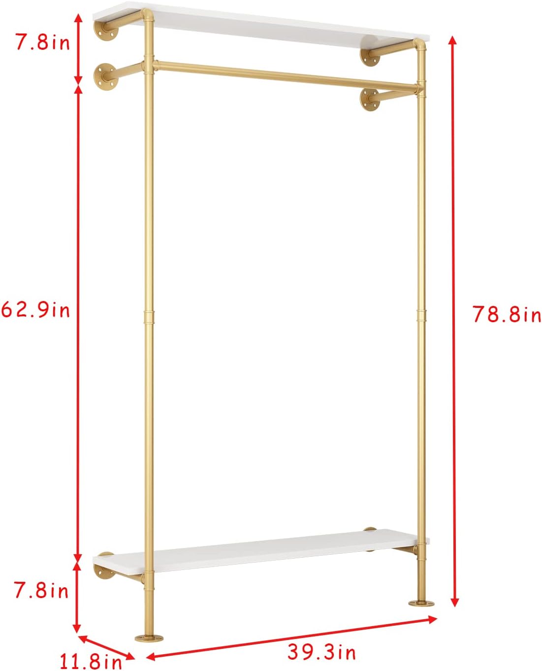 Industrial Pipe Clothing Rack with 2-tier Wooden Shelves Gold E38762