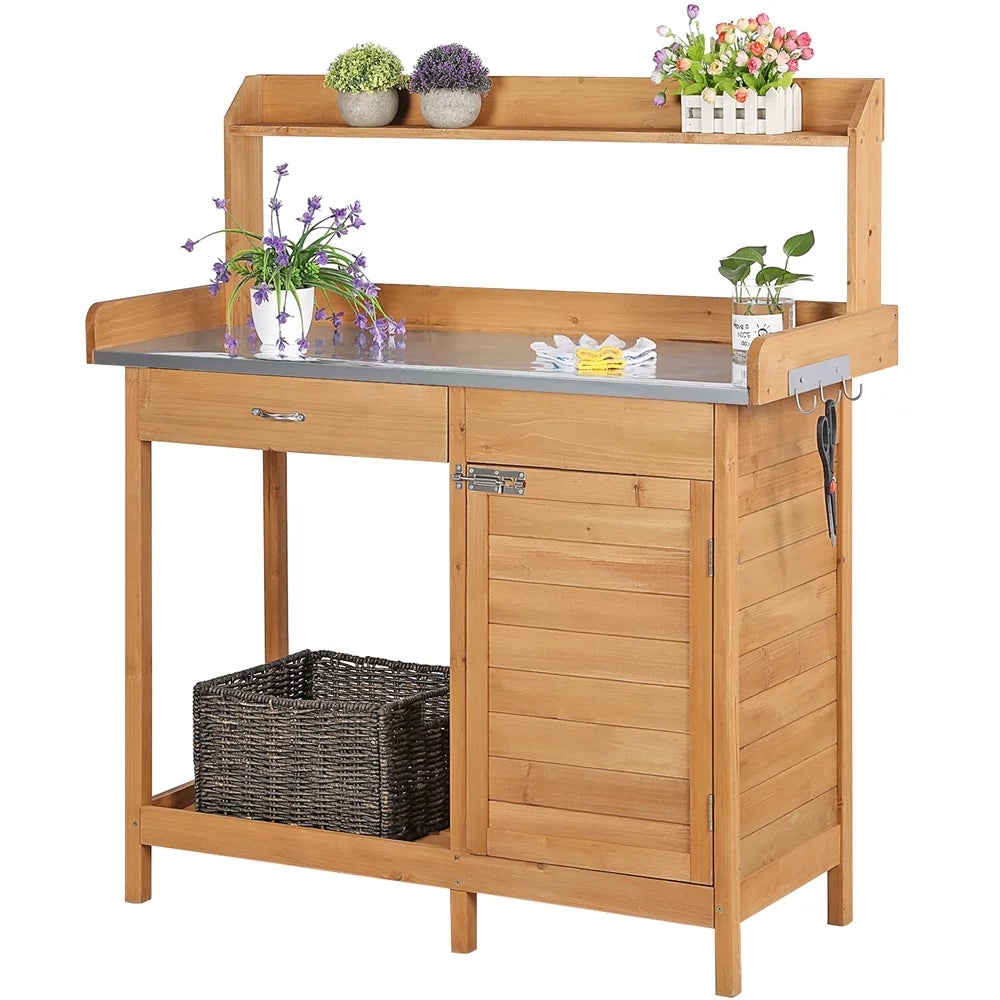 Garden Potting Bench with Cabinet Drawer J125015