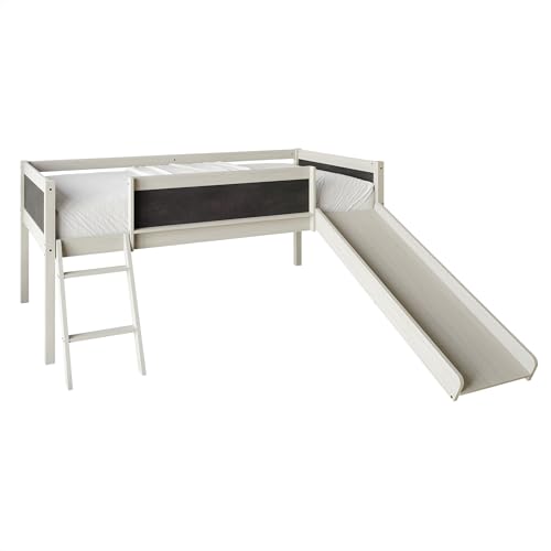Antique Gray Wood Twin Loft Bed Frame with Slide, Climbing Ladder, Chalkboard, Guardrail V691