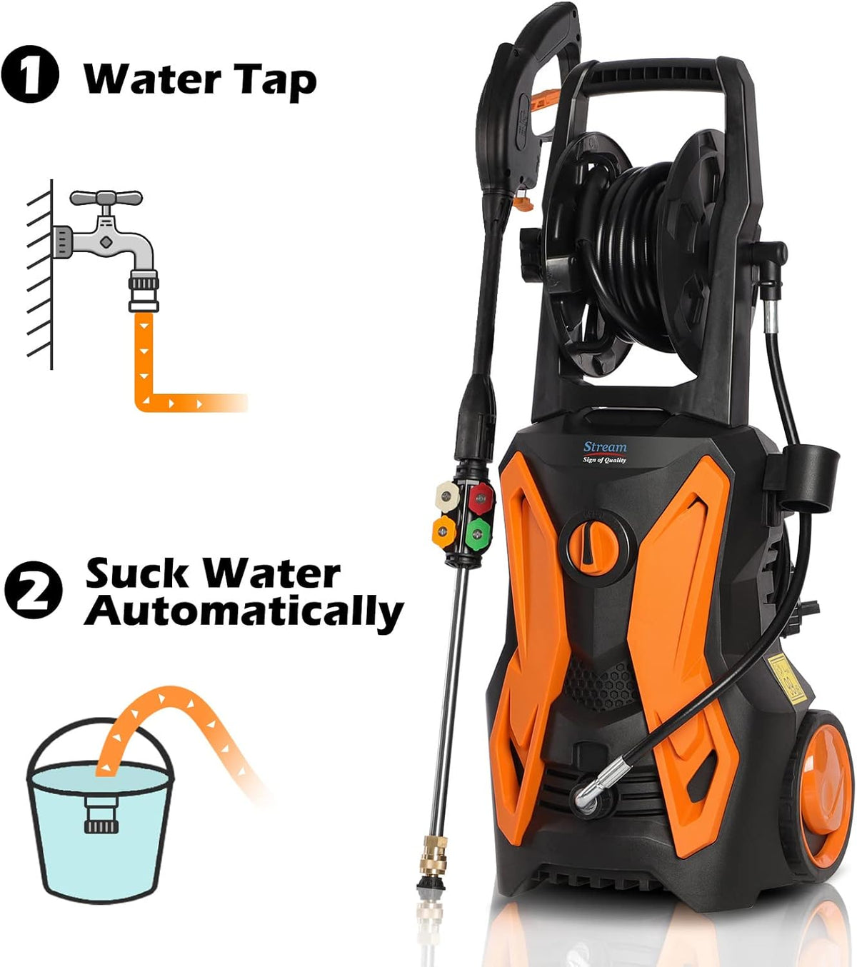 Electric Pressure Washer 3600PSI 2.4GPM 2000W with Hose Reel Spray Gun 5 Nozzle Adapter Foam Cannon K519135