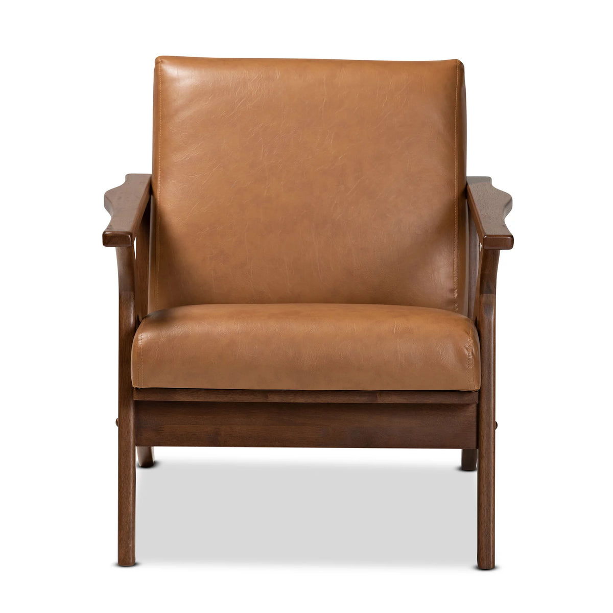 Walnut Brown Wood and Tan Faux Leather Lounge Chair W28394