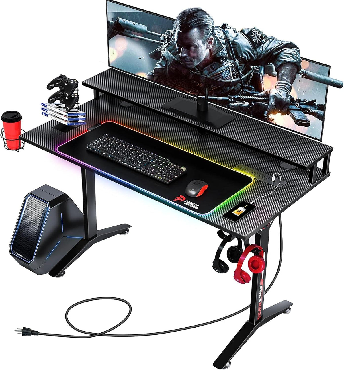 Gaming Desk with RGB Mouse Pad & Power Outlet, Carbon Fiber Surface, Monitor Stand, Cup Holder, Headphone Hook M7248