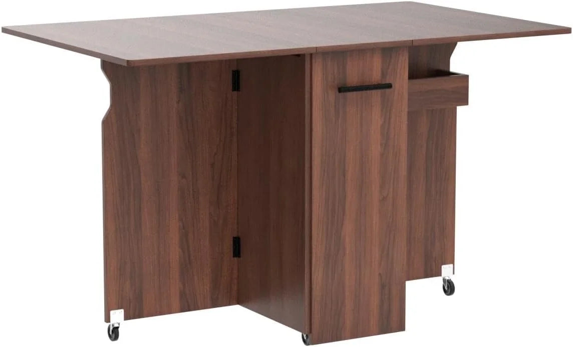 Folding Drop Leaf Dining Table with Wheels and 3 Storage Shelves Brown A557183