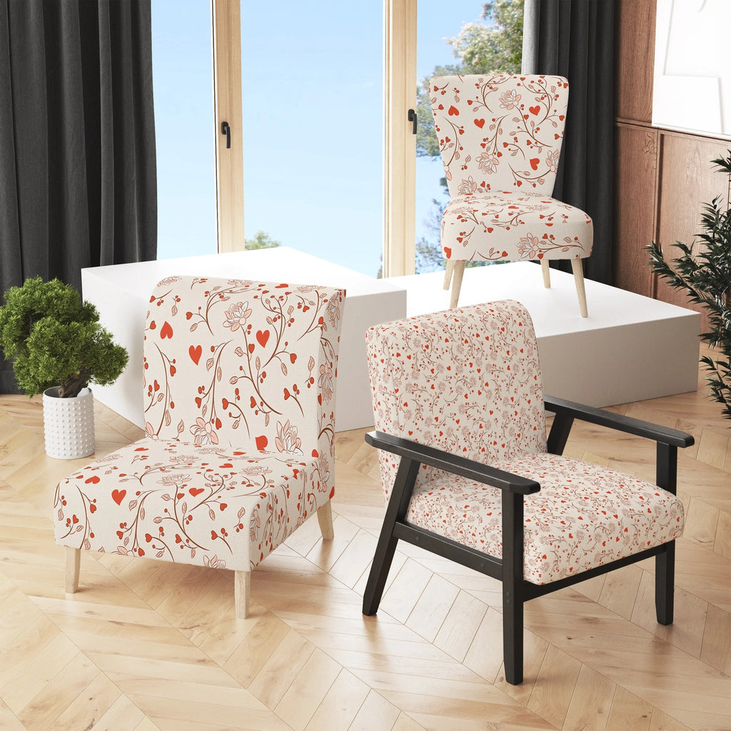 Red Vector Floral Pattern Upholstered Accent Chair and Arm Chair X113188