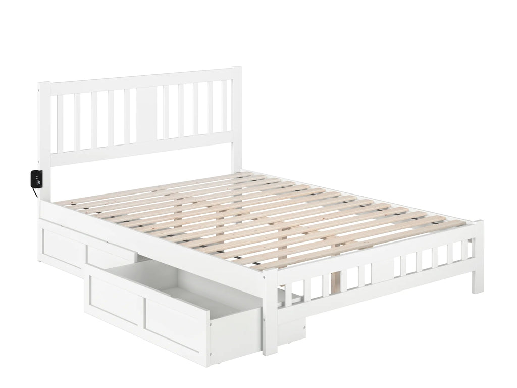 Queen Wood Platform Bed with Headboard Footboard & 2 Storage Drawers White R236