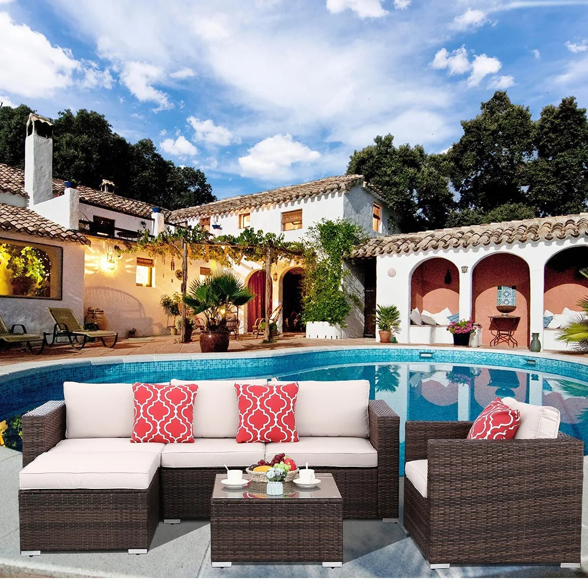 6pcs Gray Rattan Wicker Sectional Outdoor Sofa Set with Black Washable Seat Cushions & Glass Coffee Table J698