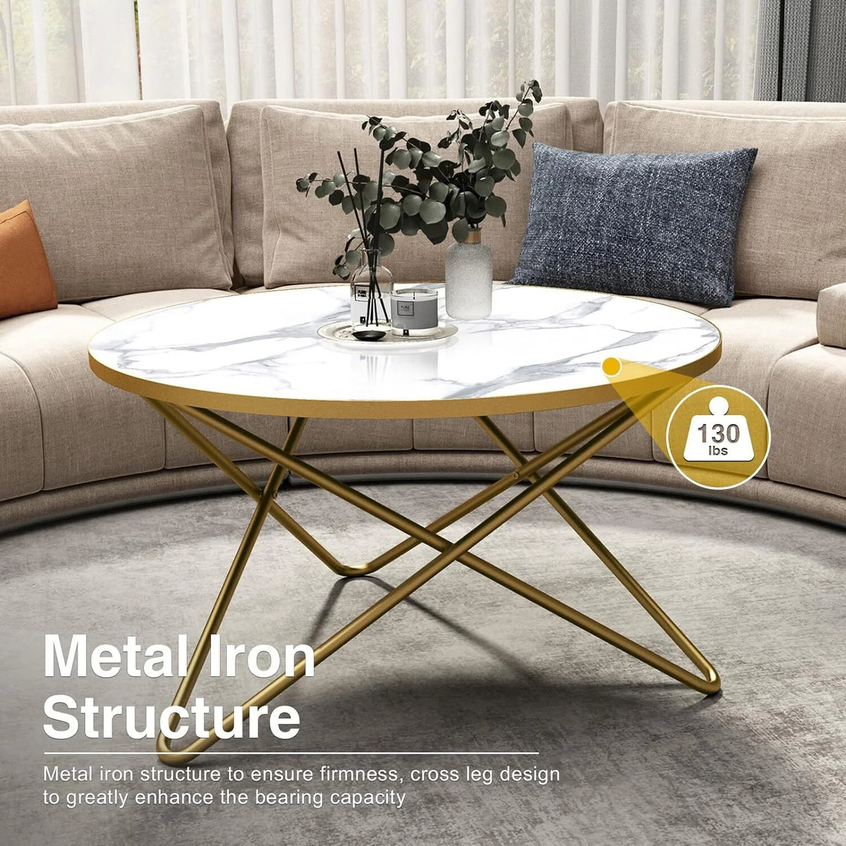 Round Coffee Table with White Faux Marble Top C16901