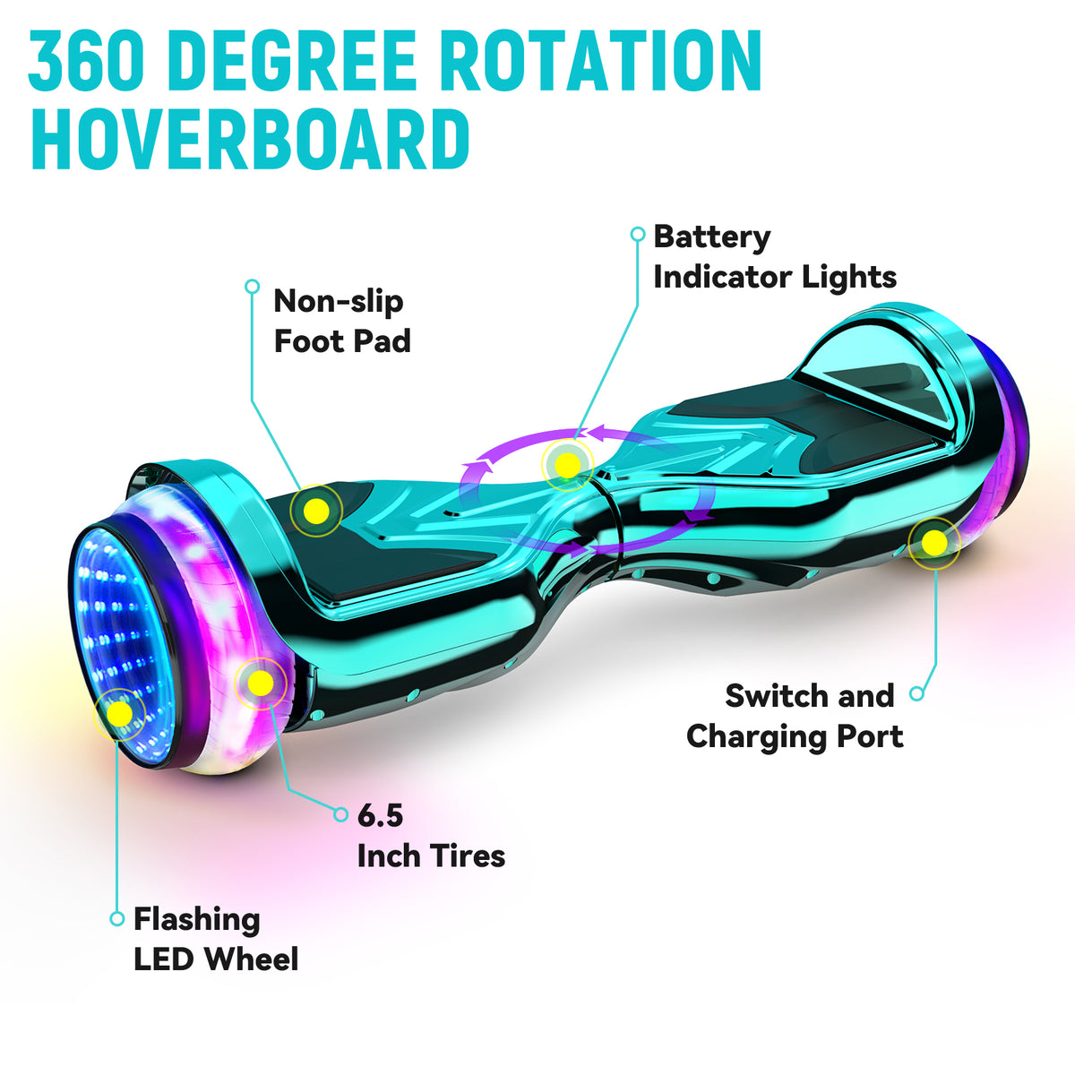 Bluetooth Hoverboard with LED Lights, All Terrain 6.5 inch Two Wheels Electric Scooter T732486