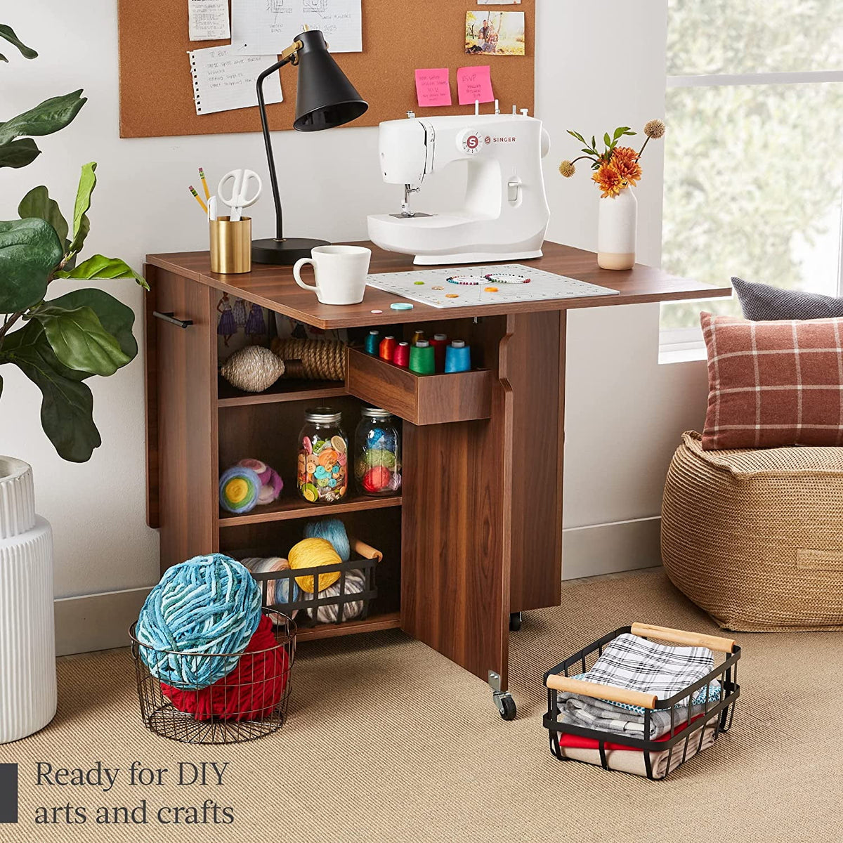 Folding Drop Leaf Dining Table with Wheels and 3 Storage Shelves Brown A557183