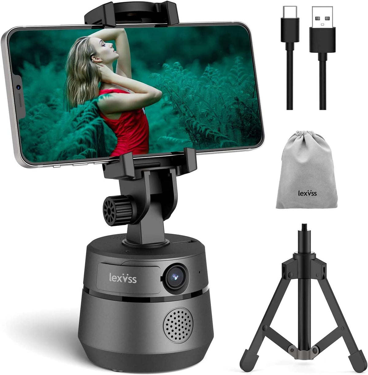 1080P Webcam with Microphone Tripod and Privacy Cover, 360° Rotation Phone Holder (Grey) S658571