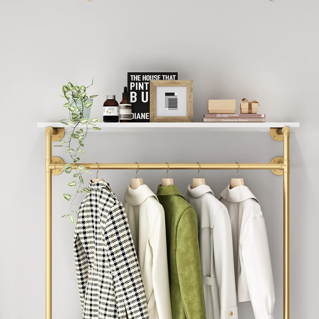 Industrial Pipe Clothing Rack with 2-tier Wooden Shelves Gold E38762