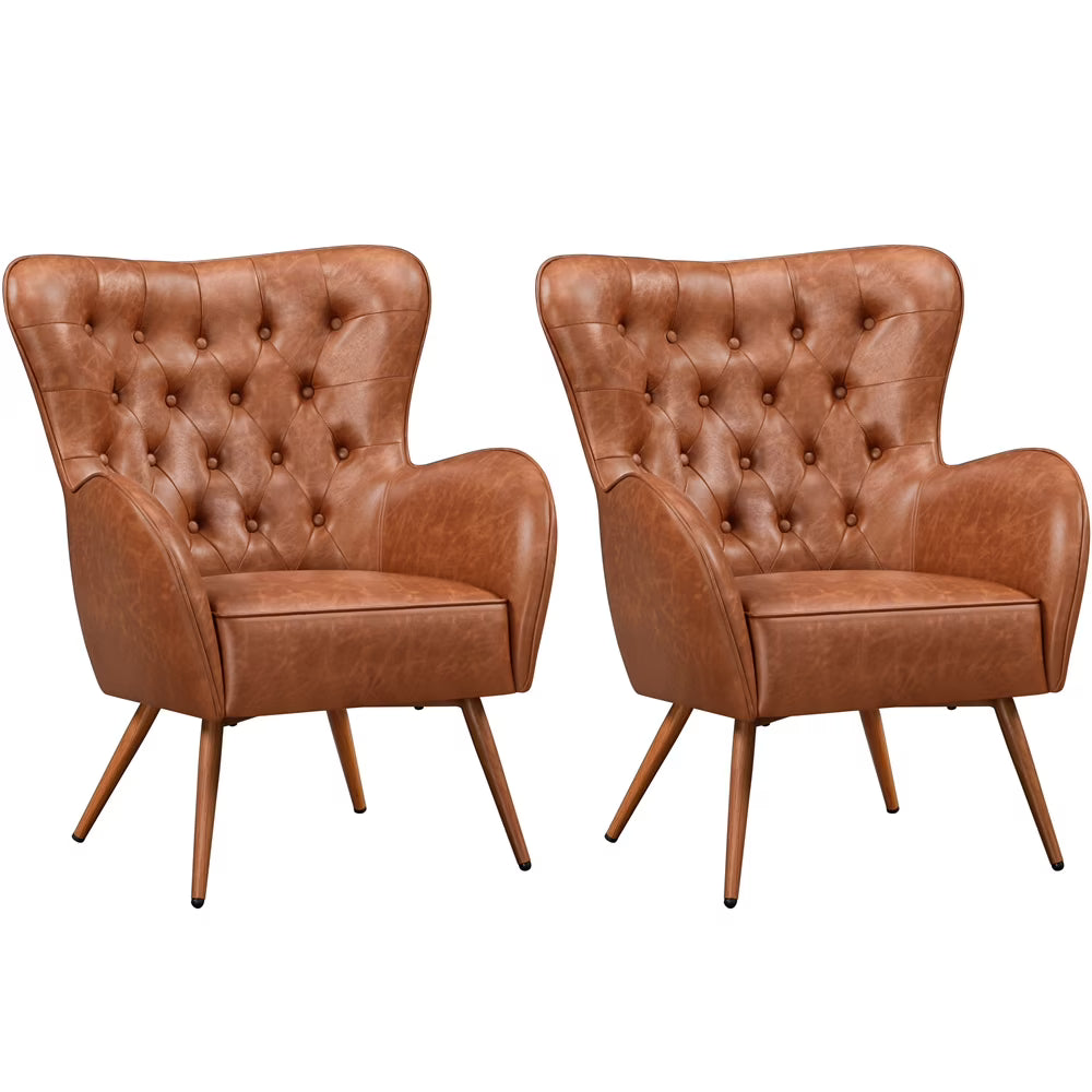 Brown Faux Leather Tufted Accent Chair, 2pcs X7849