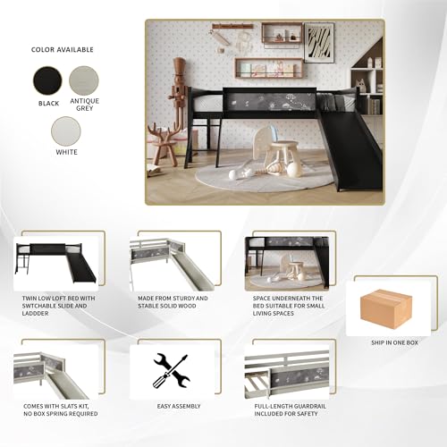 Antique Gray Wood Twin Loft Bed Frame with Slide, Climbing Ladder, Chalkboard, Guardrail V691
