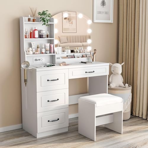 White Makeup Vanity Desk with Lights and Charging Station U347