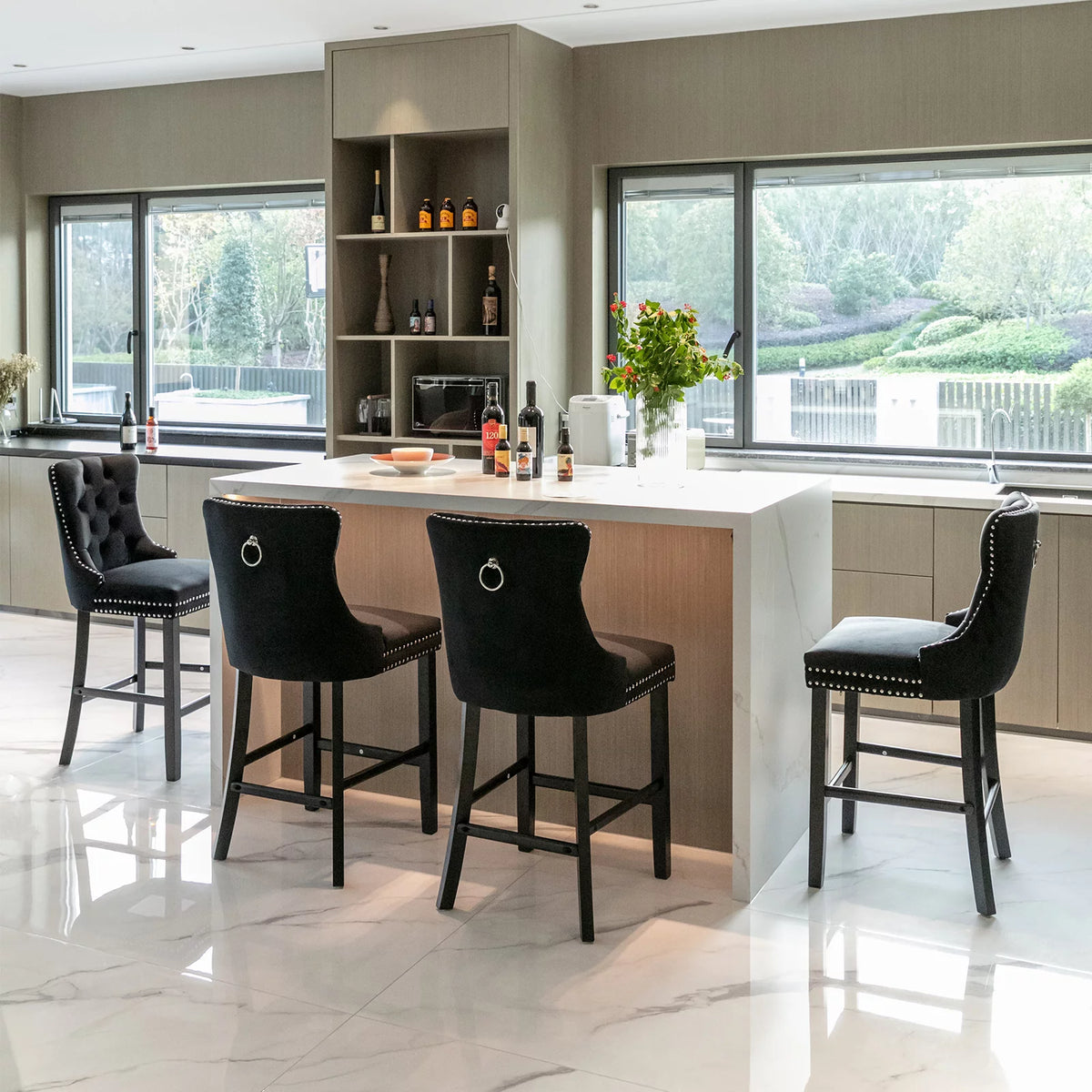 Black Velvet Upholstered Bar Stools Set of 4 P7118