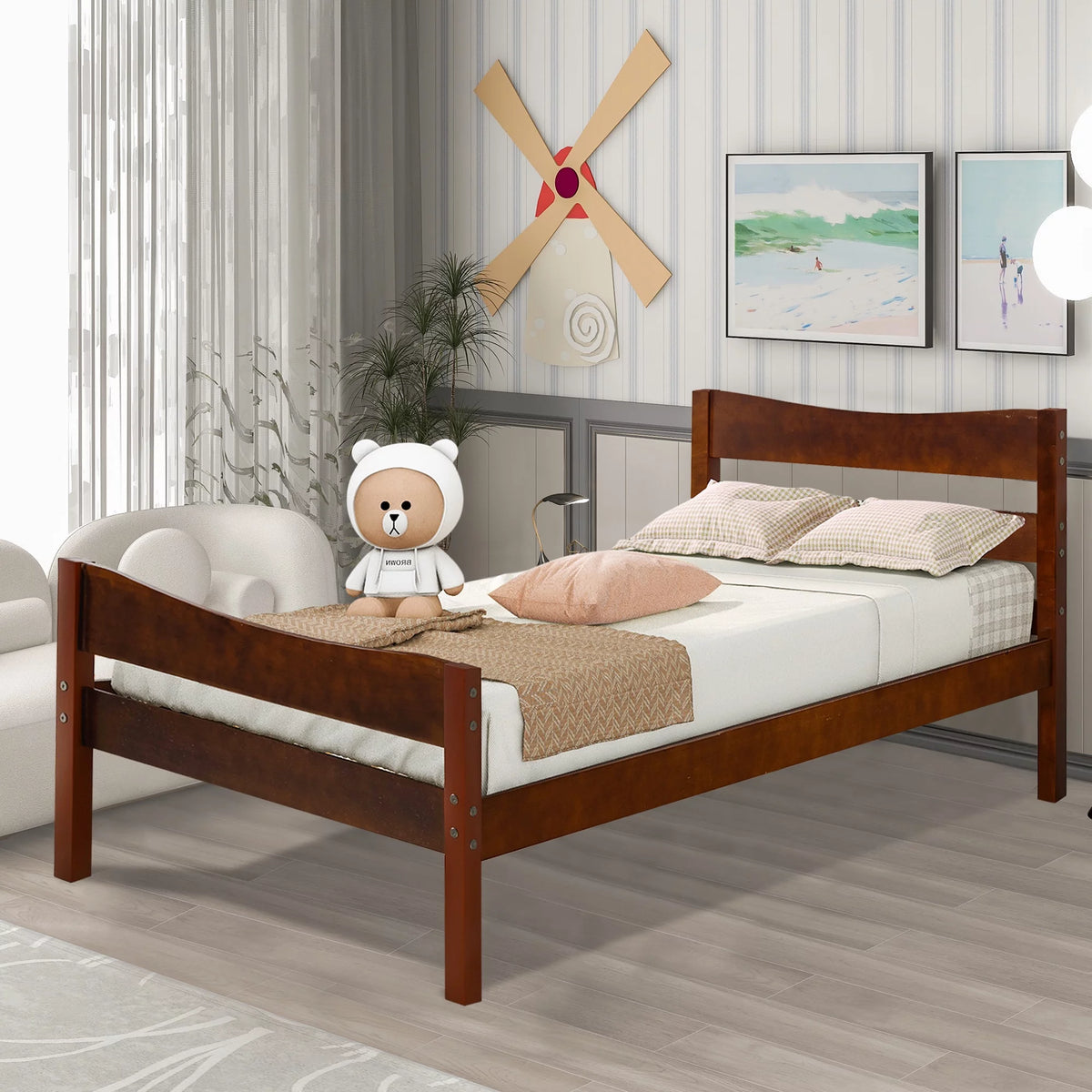 White Twin Size Solid Wood Platform Bed Frame with Headboard and Footboard G524867