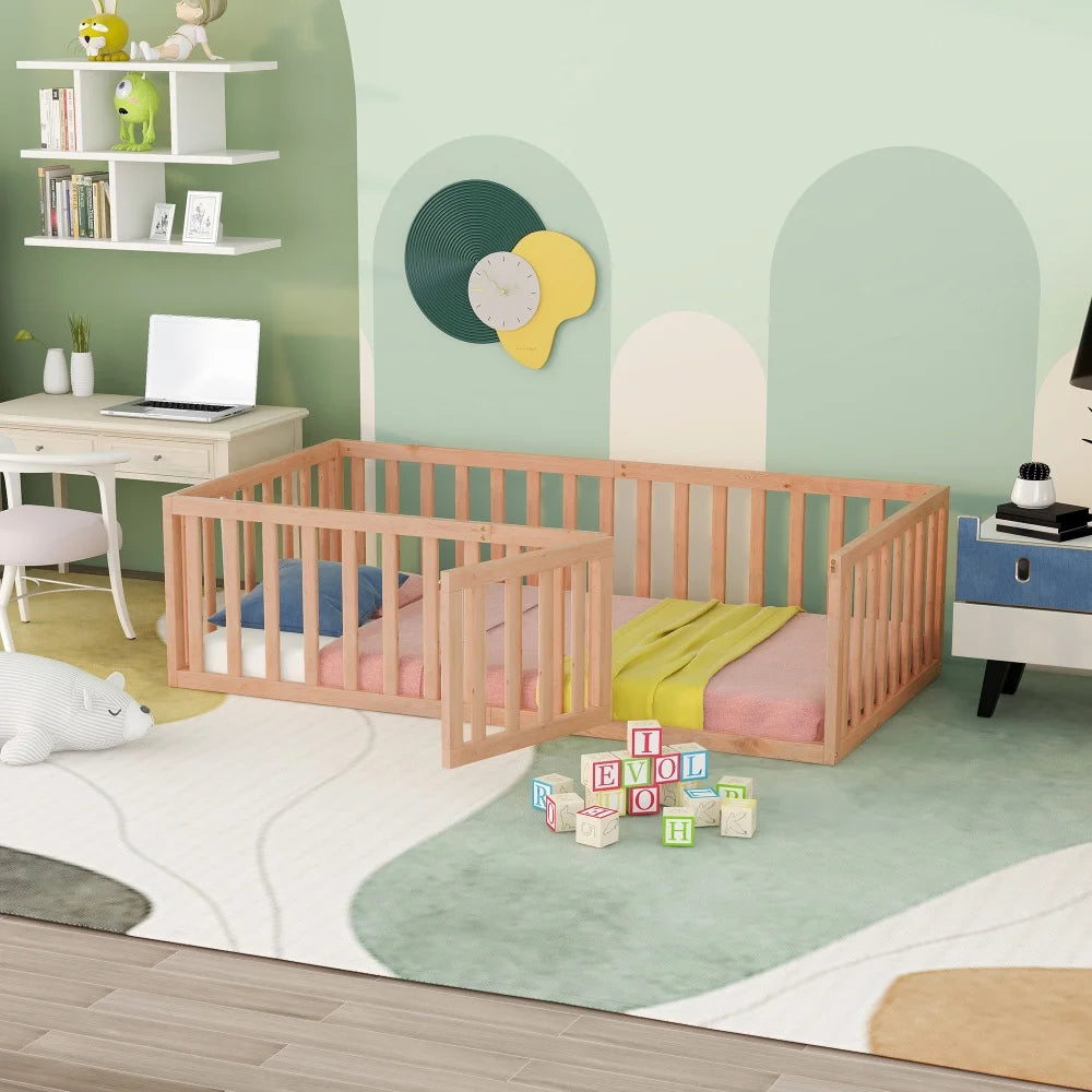 Twin Size Wood Floor Bed with Rails and Door S537