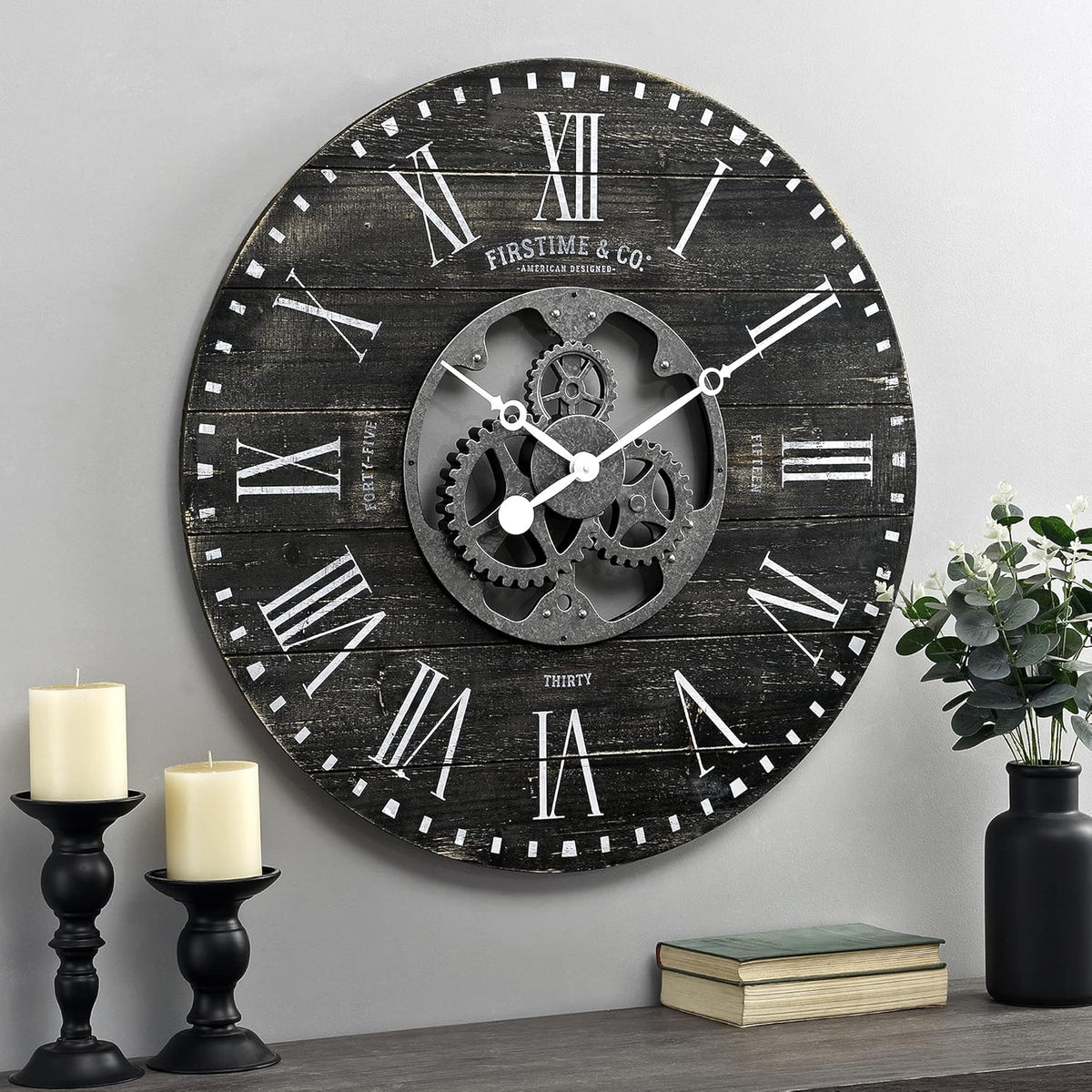 Black Shiplap Gears Farmhouse Wall Clock A63575