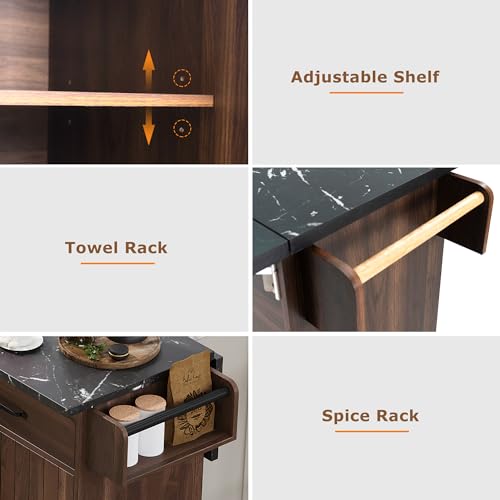 Kitchen Island Cart with Trash Can Storage, Drop Leaf, Drawers, Adjustable Shelves, Lockable Wheels T68375