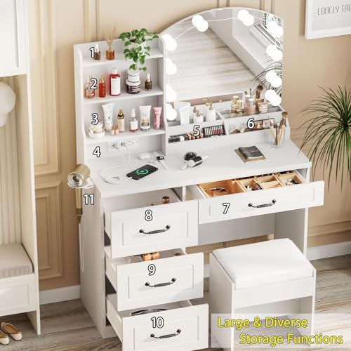 White Makeup Vanity Desk with Lights and Charging Station U347