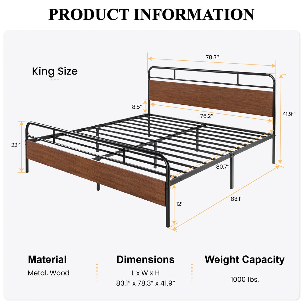 Light Brown King Size Metal Platform Bed Frame with Headboard N7065