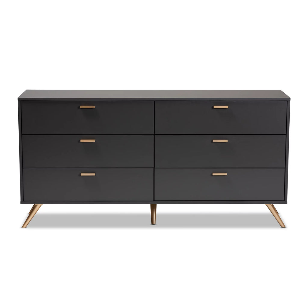 Dark Grey Gold Wood 6-Drawer Dresser V1097