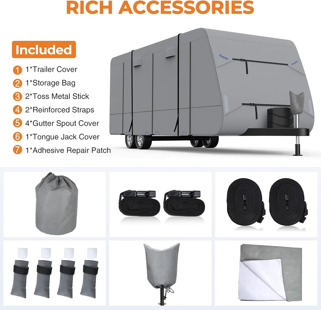5 Layers Travel Trailer RV Cover Heavy Duty Camper Cover Anti-UV, Rip-Stop, Breathable with Tongue Jack Cover, 2Pcs Straps & Gutter Covers I81822