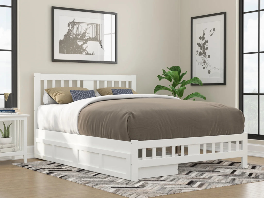 Queen Wood Platform Bed with Headboard Footboard & 2 Storage Drawers White R236