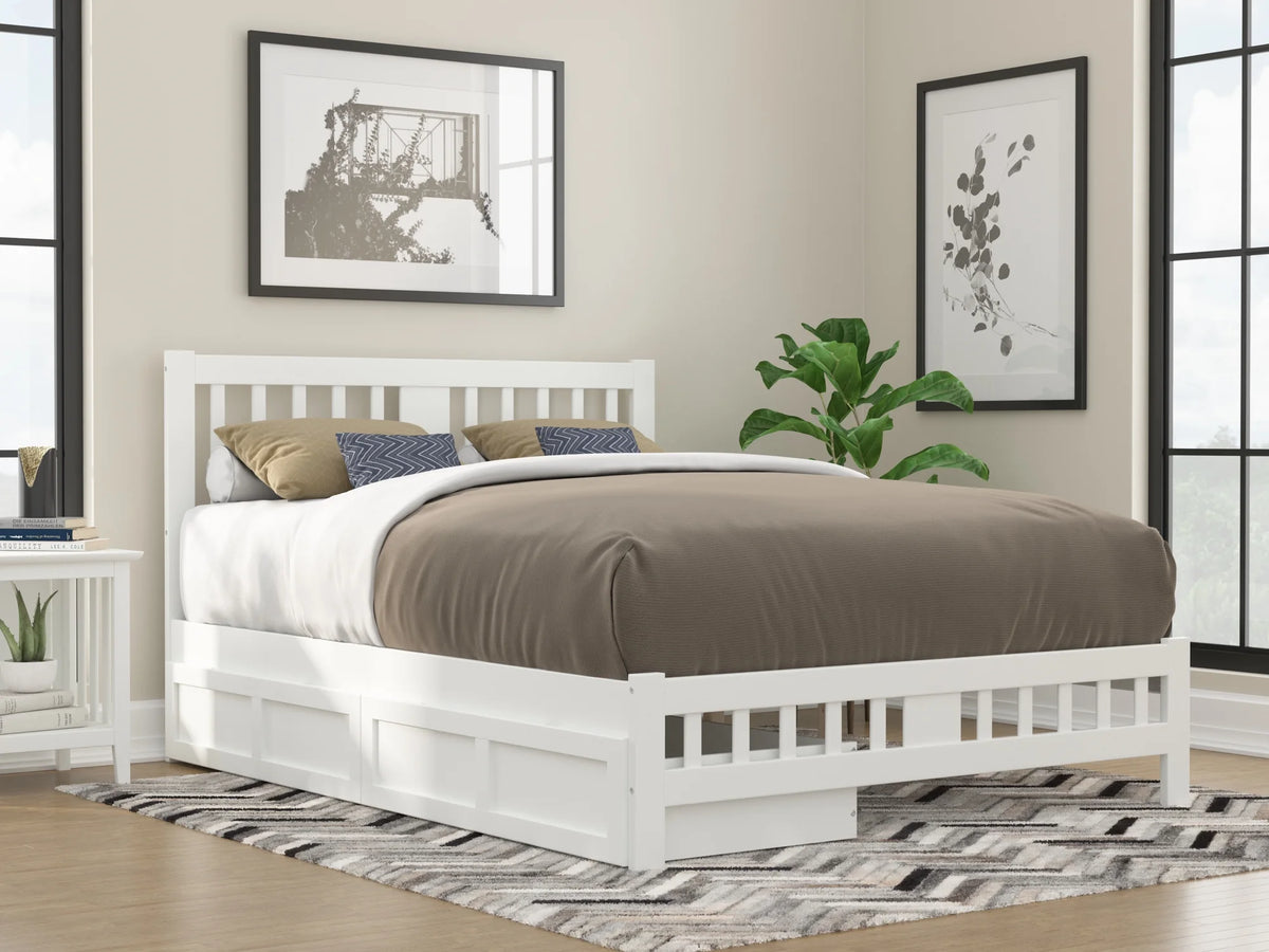 Queen Wood Platform Bed with Headboard Footboard & 2 Storage Drawers White R236