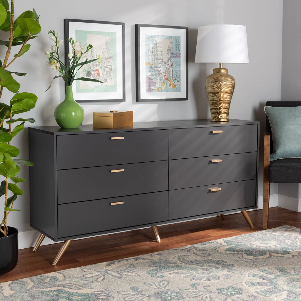 Dark Grey Gold Wood 6-Drawer Dresser V1097