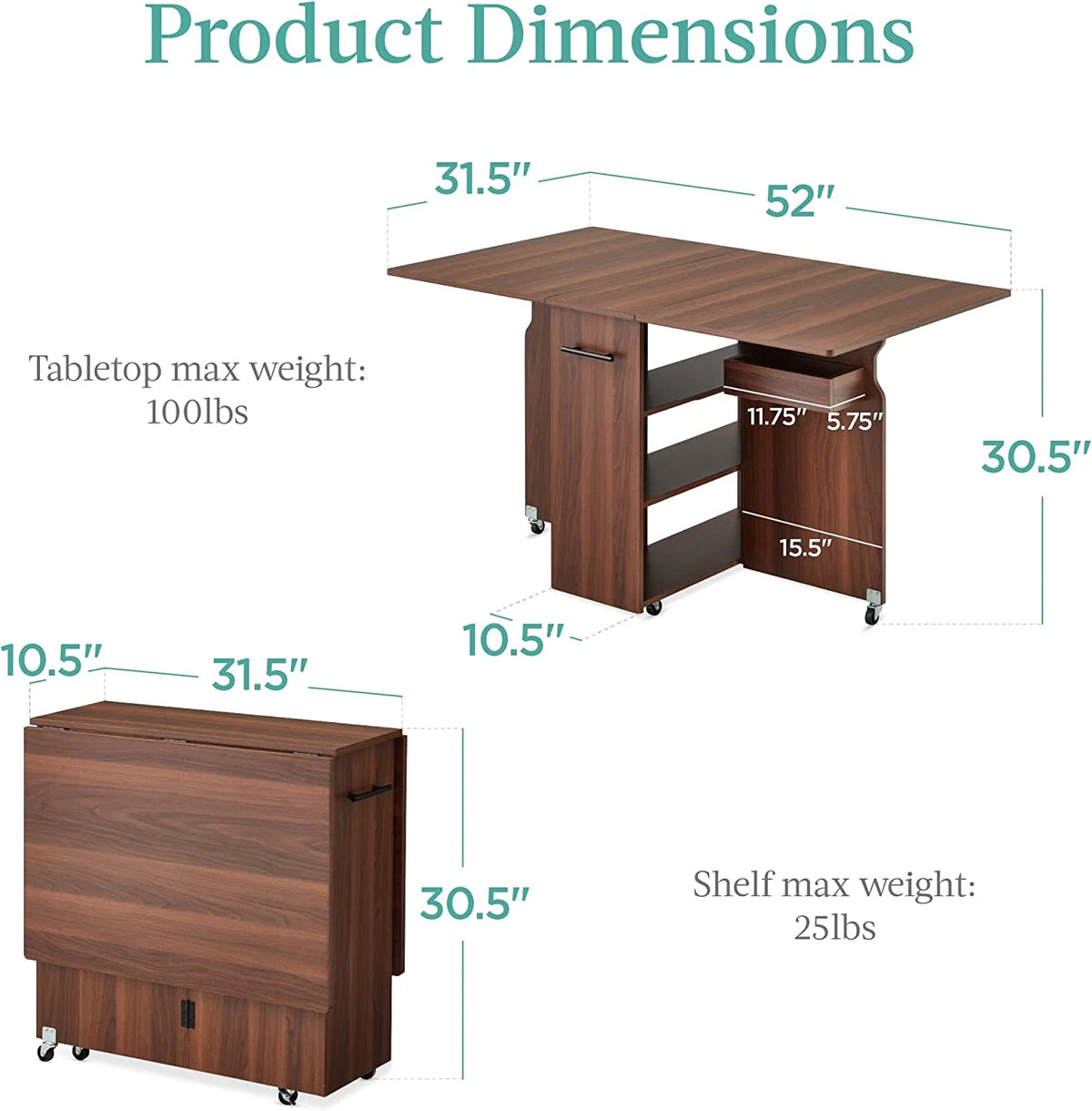 Folding Drop Leaf Dining Table with Wheels and 3 Storage Shelves Brown A557183