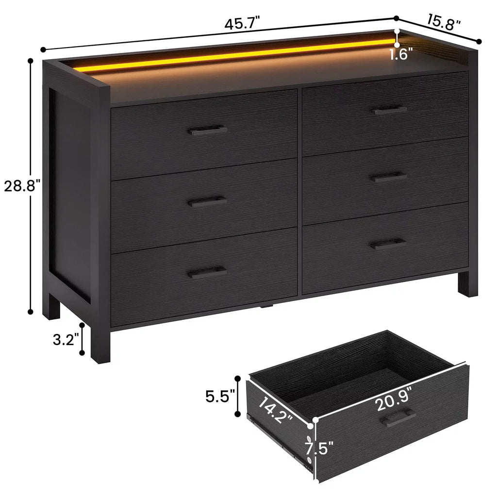 Black 6 Drawer Double Dresser with LED Lights R91376