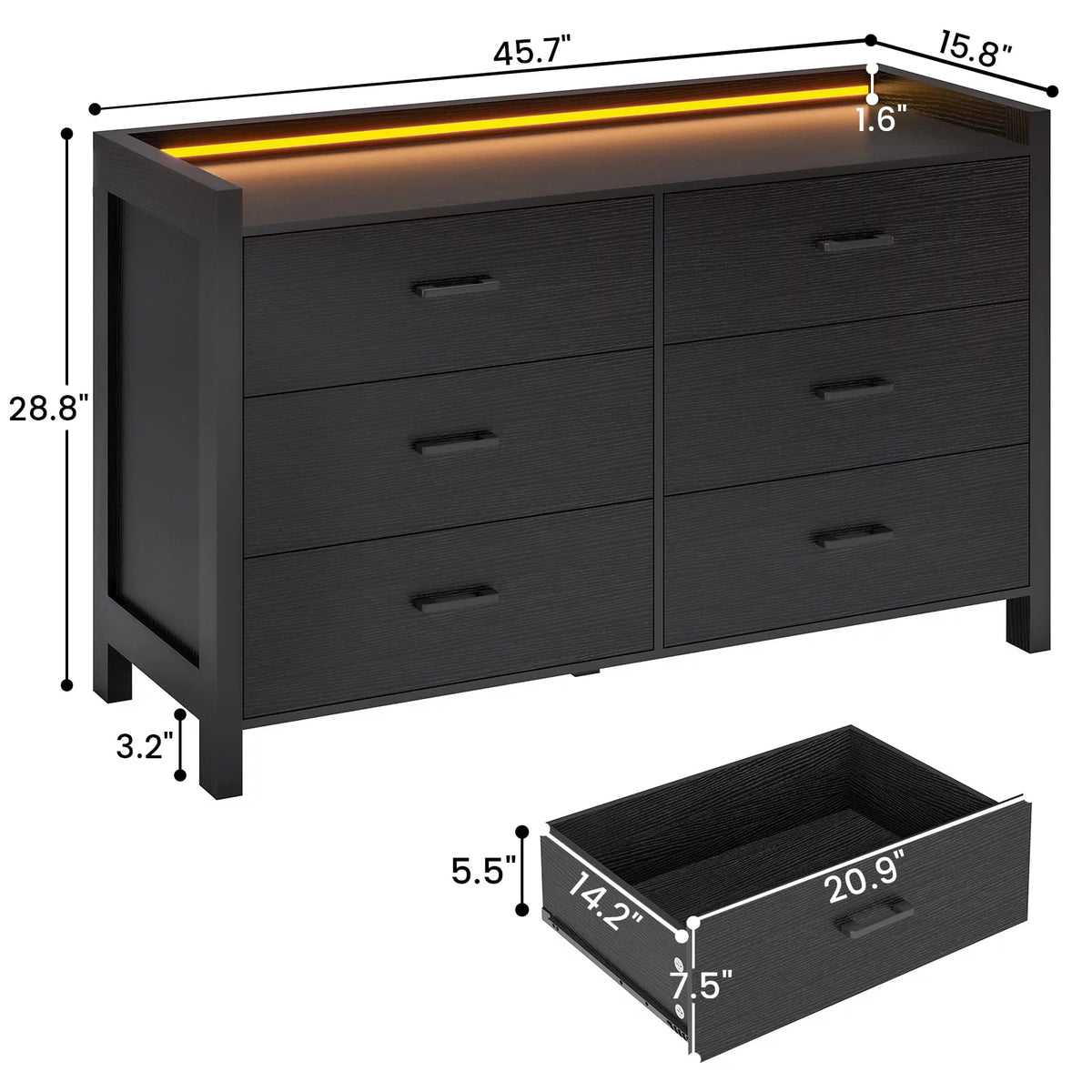 Black 6 Drawer Double Dresser with LED Lights R91376