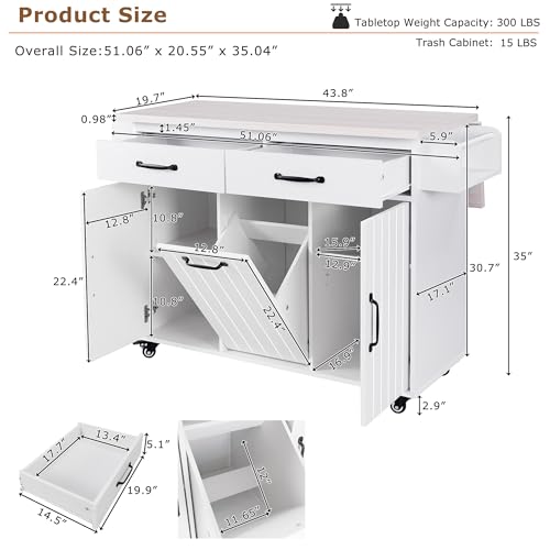 Kitchen Island Cart with Trash Can Storage, Drop Leaf, Drawers, Adjustable Shelves, Lockable Wheels T68375