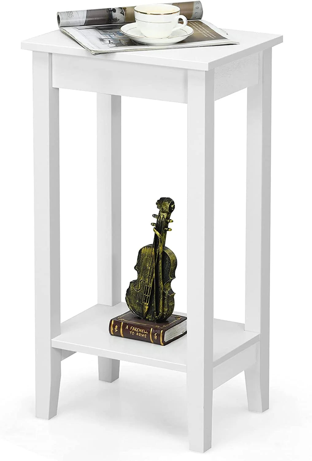 2-Tier End Table with Shelf and Wooden Legs, White K2106