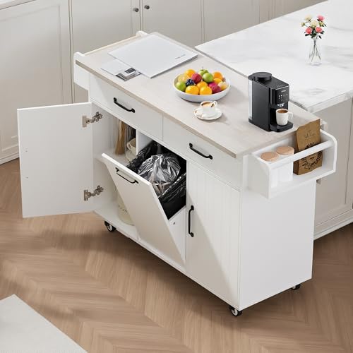 Kitchen Island Cart with Trash Can Storage, Drop Leaf, Drawers, Adjustable Shelves, Lockable Wheels T68375