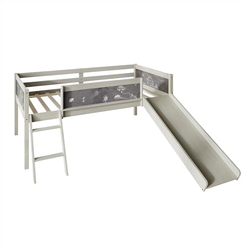 Antique Gray Wood Twin Loft Bed Frame with Slide, Climbing Ladder, Chalkboard, Guardrail V691