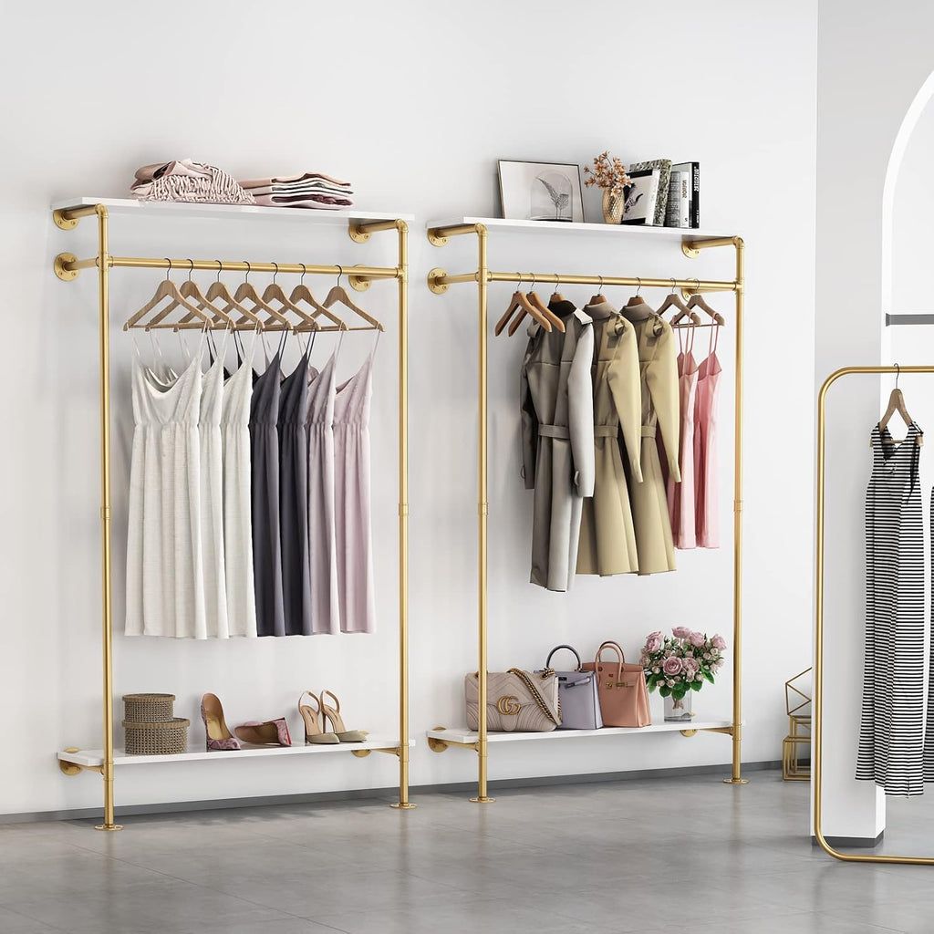 Industrial Pipe Clothing Rack with 2-tier Wooden Shelves Gold E38762