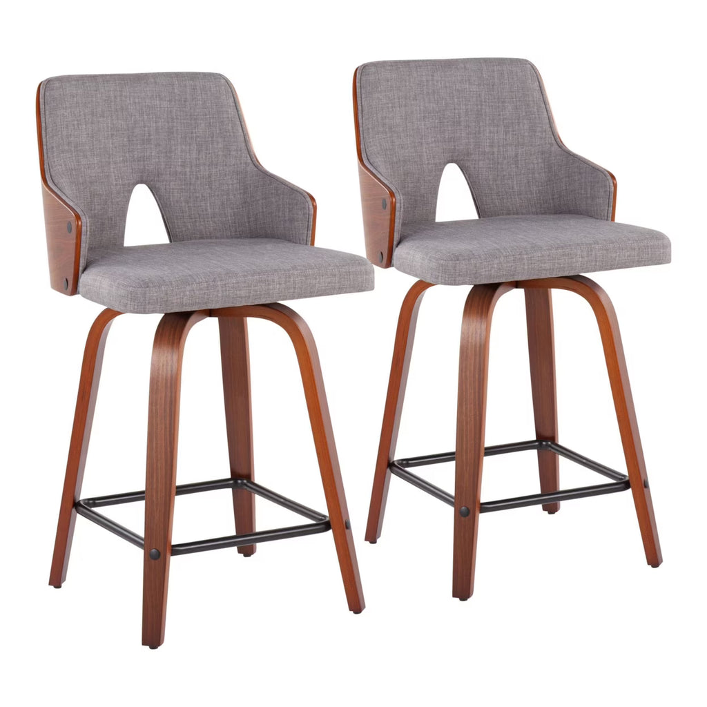 Mid-Century Modern Counter Stool In Walnut And Light Grey Fabric - Set Of 2 H946327