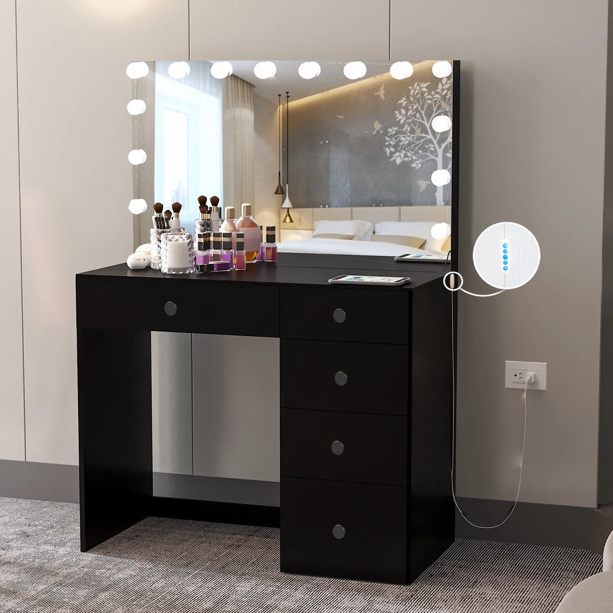 Black Makeup Vanity Table with 5 Drawers I28364