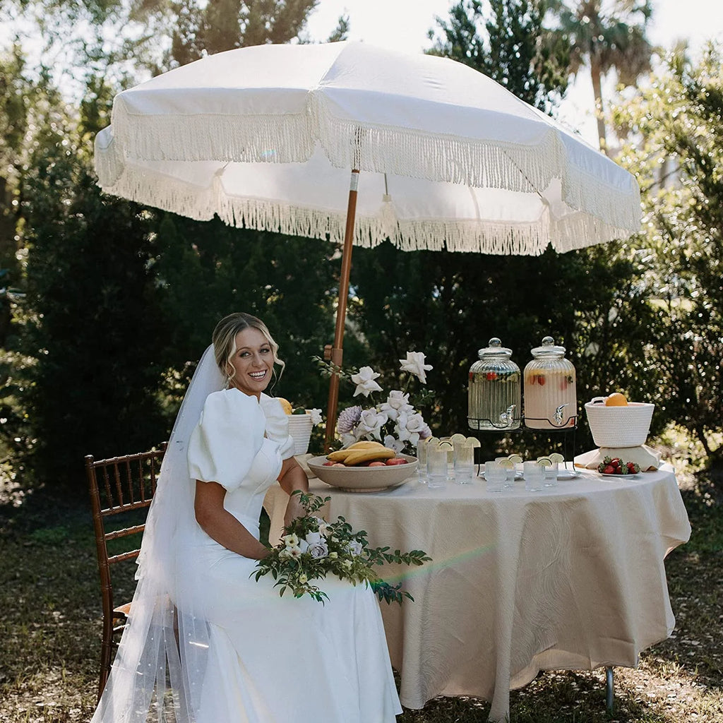 White Cream 7ft Patio Umbrella with Fringe O3468