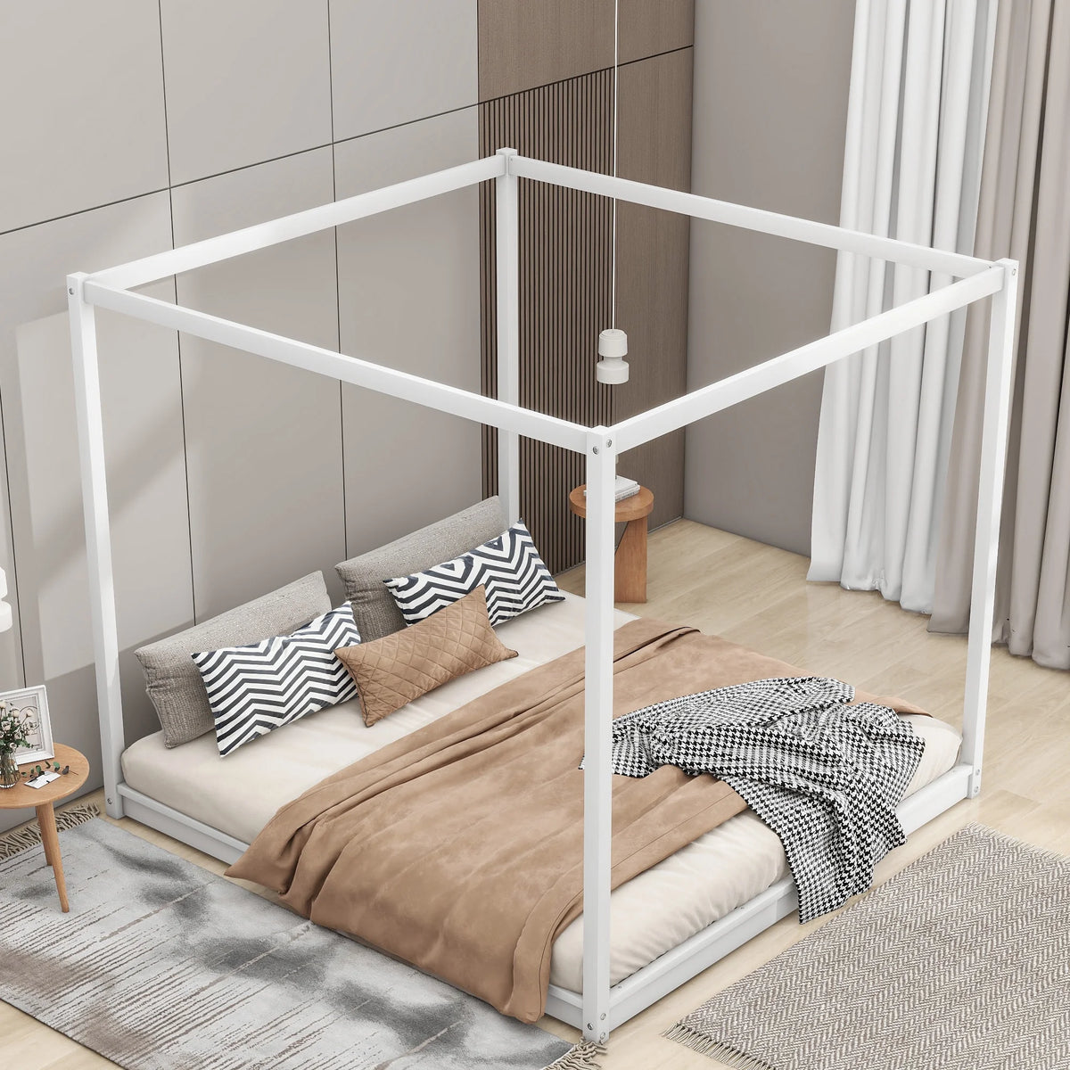 White Pine Wood Queen Size Canopy Platform Bed A325920