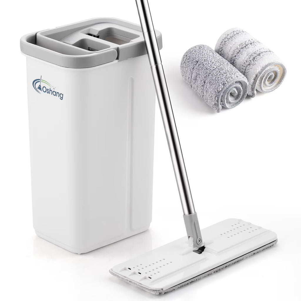 Flat Floor Mop and Bucket Set with 2 Washable Microfiber Pads A250